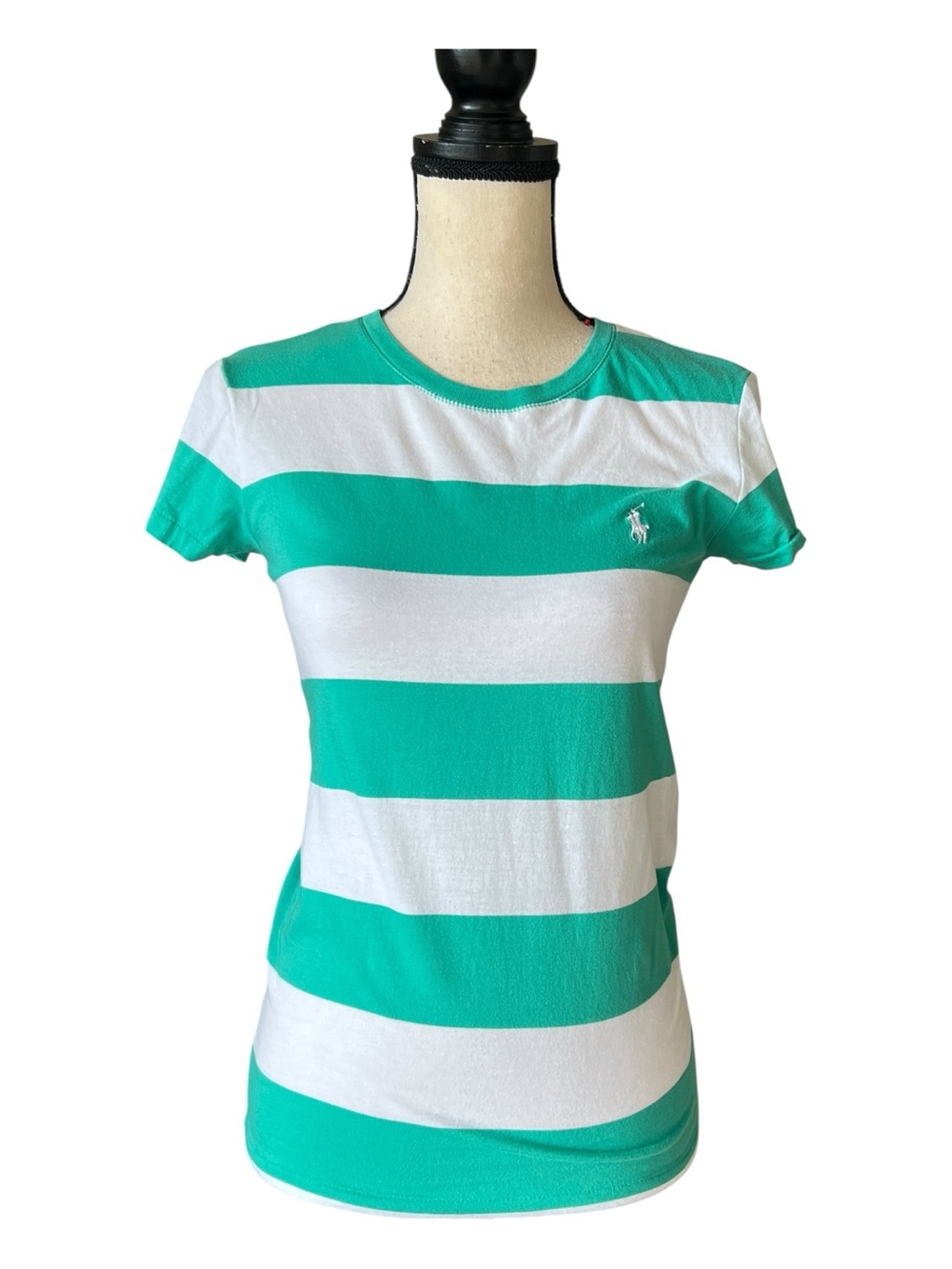 Ralph Lauren Women’s Teal & White Striped Short Sleeve Tee Size M